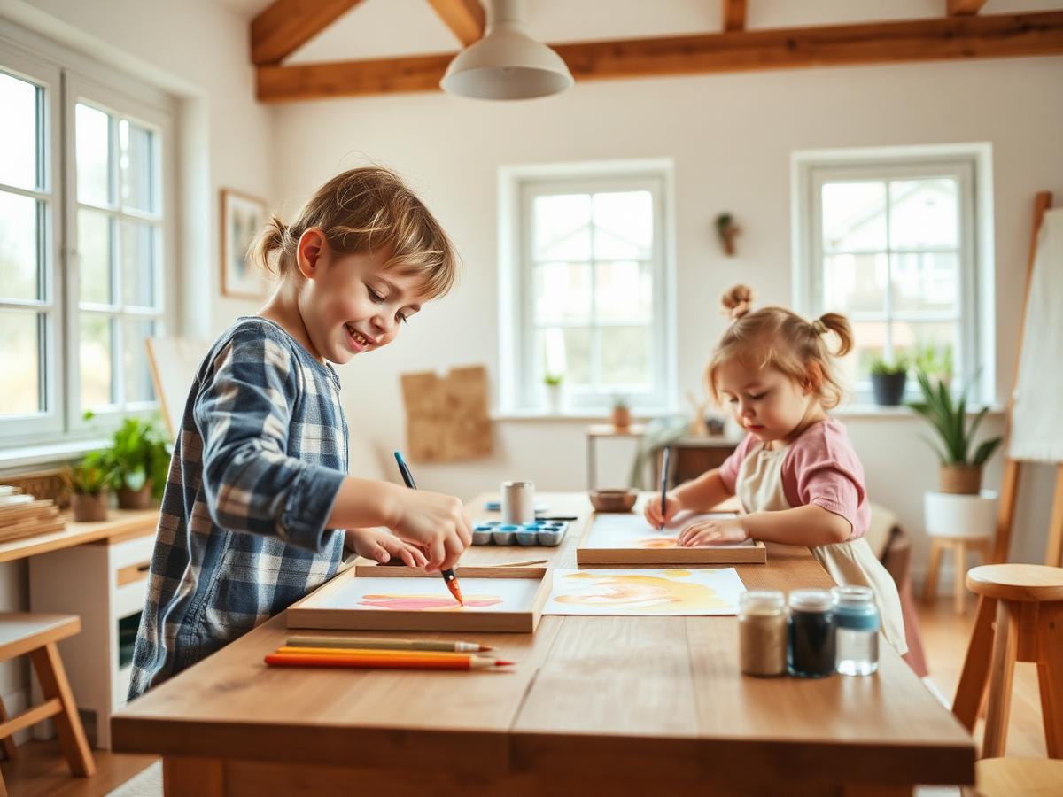 Children painting with watercolours in the studio